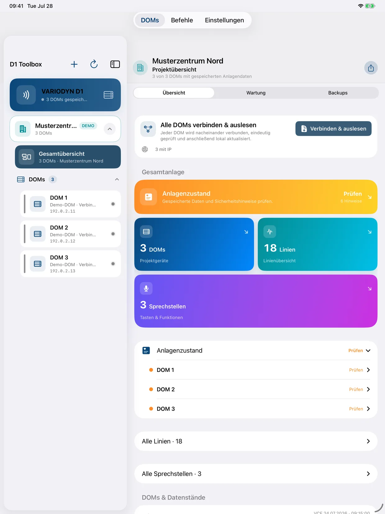D1 Toolbox Projektübersicht auf dem iPad mit fiktiven Demodaten