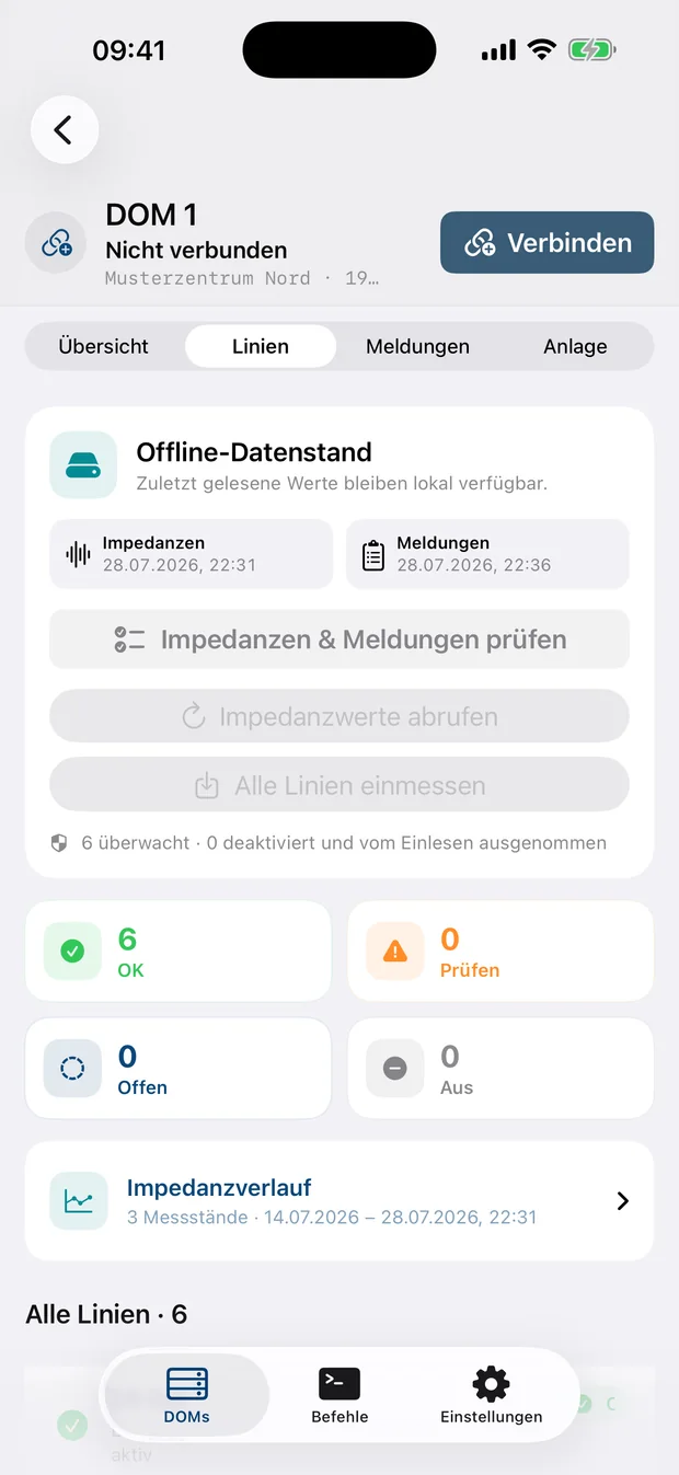 Linien & Impedanzen in D1 Toolbox mit fiktiven Demodaten