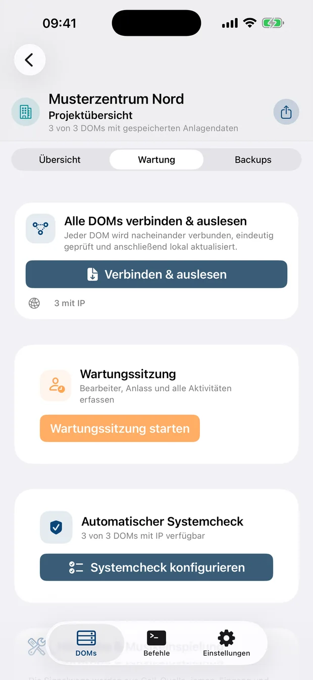 Wartung in D1 Toolbox mit fiktiven Demodaten