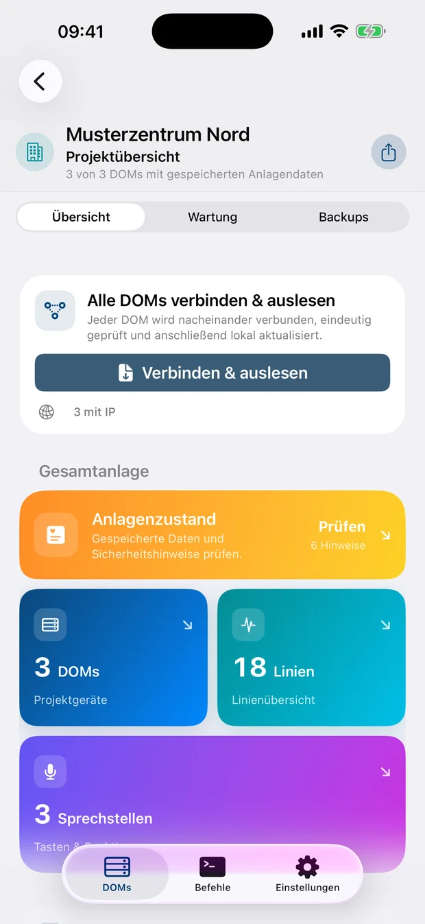 Projektübersicht in D1 Toolbox mit fiktiven Demodaten